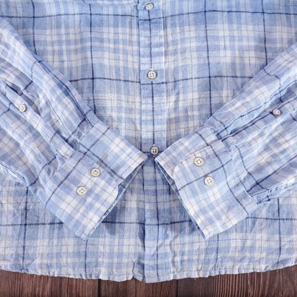 Peter Millar Mens Size Large Blue White 100% Linen Long Sleeve Button Down Shirt - Picture 6 of 12